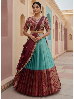 Fabcartz - Blue Unstitch Lehenga with Embroidery Work Blouse & Dupatta