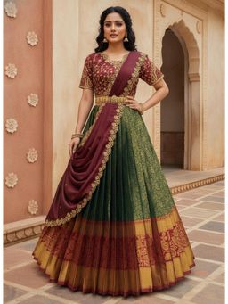 Fabcartz - Green Unstitch Lehenga with Embroidery Work Blouse & Dupatta
