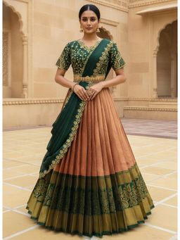 Fabcartz - Orange Unstitch Lehenga with Embroidery Work Blouse & Dupatta