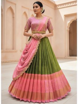 Fabcartz - Green Unstitch Lehenga with Embroidery Work Blouse & Dupatta