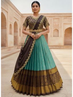 Fabcartz - Blue Unstitch Lehenga with Embroidery Work Blouse & Dupatta