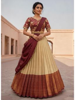 Fabcartz - Cream Unstitch Lehenga with Embroidery Work Blouse & Dupatta