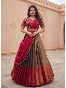 Fabcartz - Peach Unstitch Lehenga with Embroidery Work Blouse & Dupatta