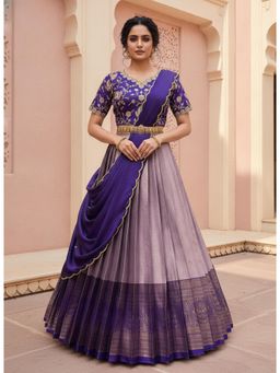 Fabcartz - Lavender Unstitch Lehenga with Embroidery Work Blouse & Dupatta