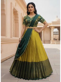 Fabcartz - Yellow Unstitch Lehenga with Embroidery Work Blouse & Dupatta