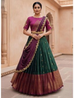 Fabcartz - Green Unstitch Lehenga with Embroidery Work Blouse & Dupatta