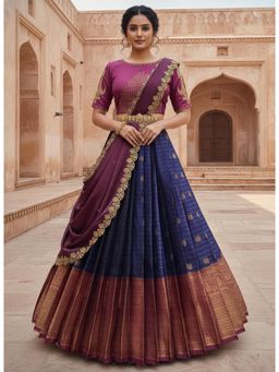 Fabcartz - Navy Blue Unstitch Lehenga with Embroidery Work Blouse & Dupatta