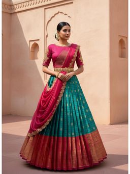 Fabcartz - Teal Unstitch Lehenga with Embroidery Work Blouse & Dupatta