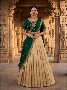 Fabcartz - Green Semi-Stitch Lehenga with Unstitch Embroidery Work Blouse & Dupatta