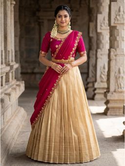 Fabcartz - Pink Semi-Stitch Lehenga with Unstitch Embroidery Work Blouse & Dupatta