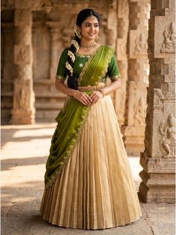 Fabcartz - Green Semi-Stitch Lehenga with Unstitch Embroidery Work Blouse & Dupatta