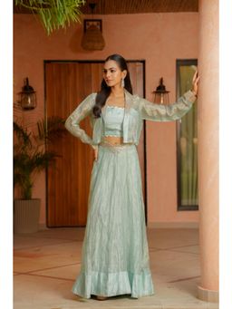 Zari Jaipur - Green Tissue Embroidered Blouse with Lehenga & Jacket