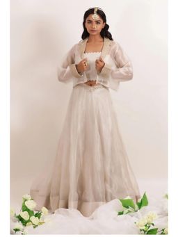 Zari Jaipur - White Tissue Embroidered Blouse with Lehenga & Jacket