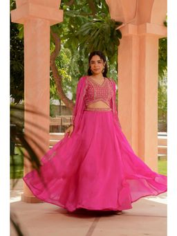 Zari Jaipur - Pink Organza Embroidered Blouse with Lehenga & Jacket