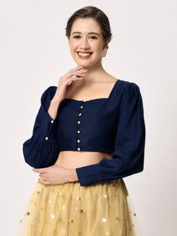Studio Rasa - Navy Blue Silk Blend Button Down Readymade Blouse