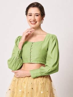 Studio Rasa - Green Silk Blend Button Down Readymade Blouse