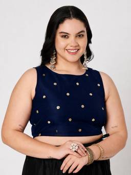 Studio Rasa - Navy Blue Plus Size Net Sequins Embroidered Readymade Blouse