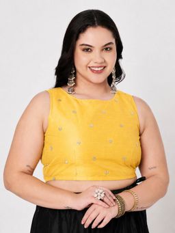 Studio Rasa - Yellow Plus Size Net Sequins Embroidered Readymade Blouse