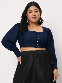 Studio Rasa - Navy Blue Silk Blend Button Down Readymade Blouse