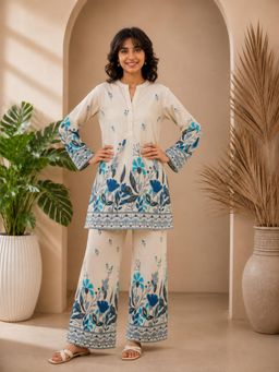 Misbis - Blue Floral Print Mandarin Collar Co-Ord Set