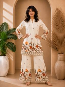 Misbis - Orange Floral Print Mandarin Collar Co-Ord Set
