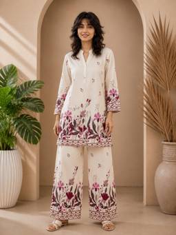 Misbis - Pink Floral Print Mandarin Collar Co-Ord Set