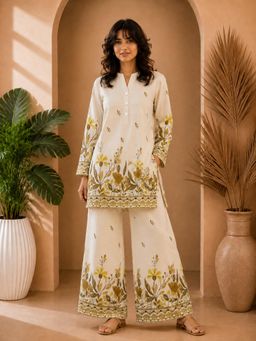 Misbis - Yellow Floral Print Mandarin Collar Co-Ord Set