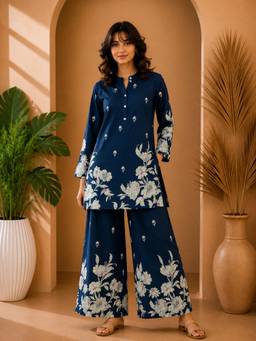 Misbis - Teal Floral Print Mandarin Collar Co-Ord Set