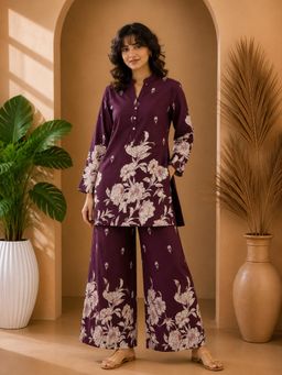 Misbis - Purple Floral Print Mandarin Collar Co-Ord Set