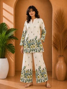 Misbis - Green Floral Print Mandarin Collar Co-Ord Set