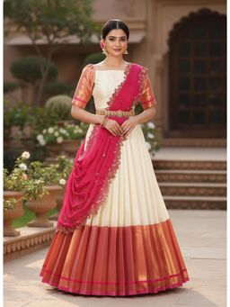 Fabcartz - Pink Unstitch Lehenga with Blouse & Dupatta