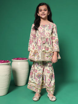 Readiprint - Frock Style Cotton Fabric Beige Kurta with Sharara (Set of 2)