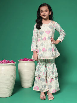 Readiprint - Frock Style Cotton Fabric Off White Kurta with Sharara (Set of 2)