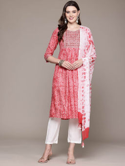 Readiprint - Flared Rayon Red Kurta with Pants and Dupatta (Set of 3)