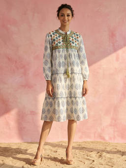 First Resort by Ramola Bachchan - Women Off White Embroidered Peasant A-Line Dress