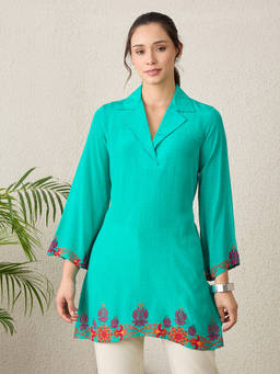 First Resort by Ramola Bachchan - Women Viscose Printed Green Top