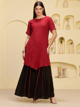 First Resort by Ramola Bachchan - Women Red Mirror Hand Embroidered Asymmetric Kurta