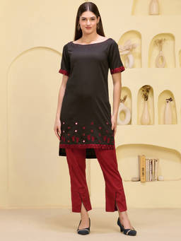 First Resort by Ramola Bachchan - Women Black Hand Embroidered High-Low Kurta