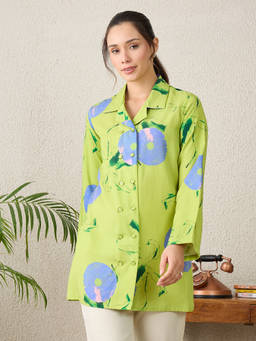 First Resort by Ramola Bachchan - Women Lime Green Abstract Printed Jacket Shirt