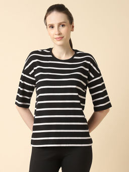 Van Heusen - Women Striper Crew Neck Three Forth Sleeves Relax Fit T-Shirt