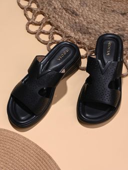 ROCIA - By Regal Black Women Laser Cut Comfort Sandals