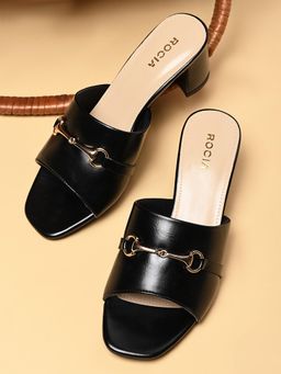 ROCIA - By Regal Black Women Buckled Block Sandal Heels