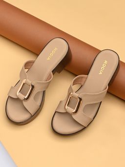 ROCIA - By Regal Beige Women H-Buckled Block Sandals Heels