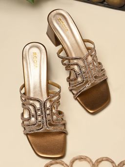 ROCIA - By Regal Antique Gold Women Diamond Studded Block Sandal Heels