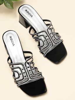 ROCIA - By Regal Black Women Diamond Studded Block Sandal Heels