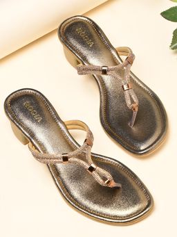 ROCIA - By Regal Antique Gold Women Diamond Studded Block Sandal Heels
