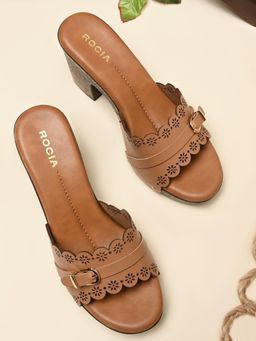ROCIA - By Regal Beige Women Laser Cut High Block Sandal Heels