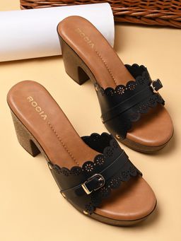 ROCIA - By Regal Black Women Laser Cut High Block Sandal Heels
