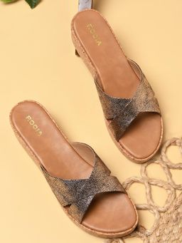 ROCIA - By Regal Bronze Women Shimmer Cross Strap Wedges Heels