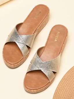 ROCIA - By Regal Gold Women Shimmer Cross Strap Wedges Heels